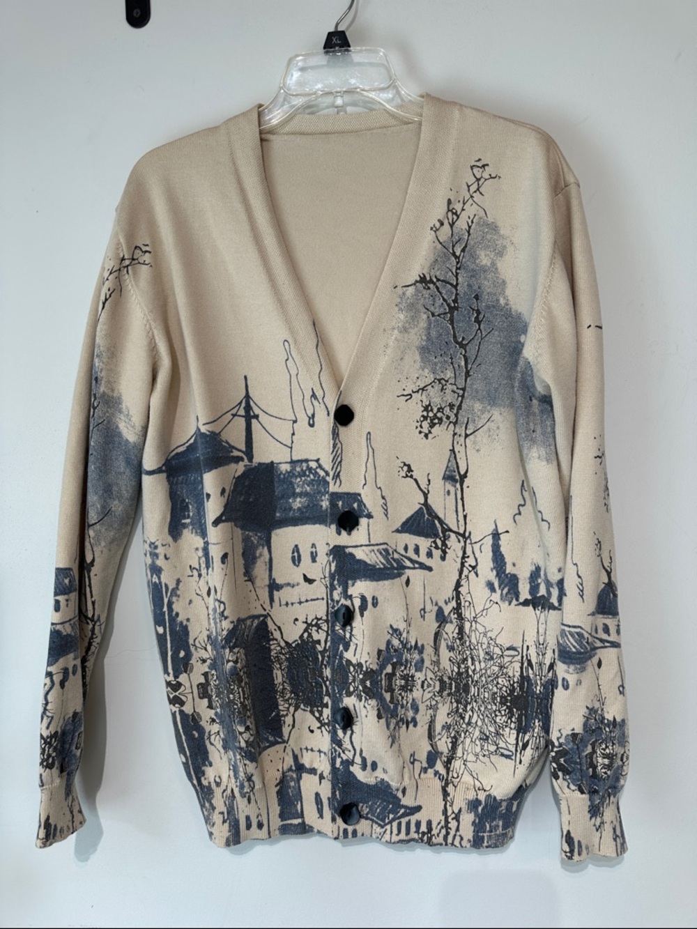 Beige Cardigan with Navy Ink Wash Asian Themed Village Print
